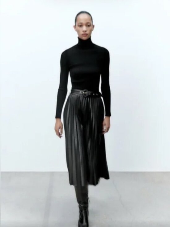 Zara Faux Leather Black Pleated Midi A-Line Skirt Size XL NO BELT - Picture 3 of 7